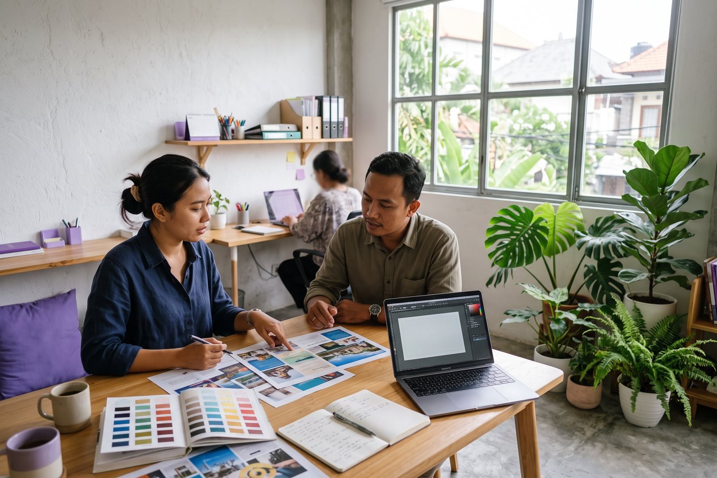 Designer and account manager reviewing advertising layouts in the Renon office